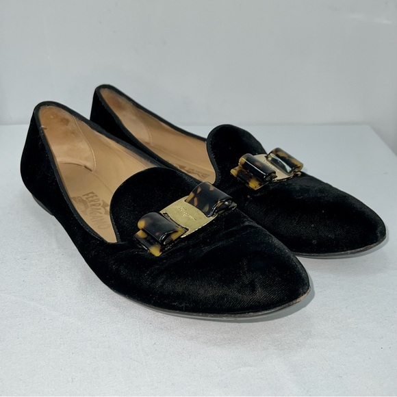 Salvatore Ferragamo Black Velvet Bow Detail Smoking Slippers - Picture 2 of 11